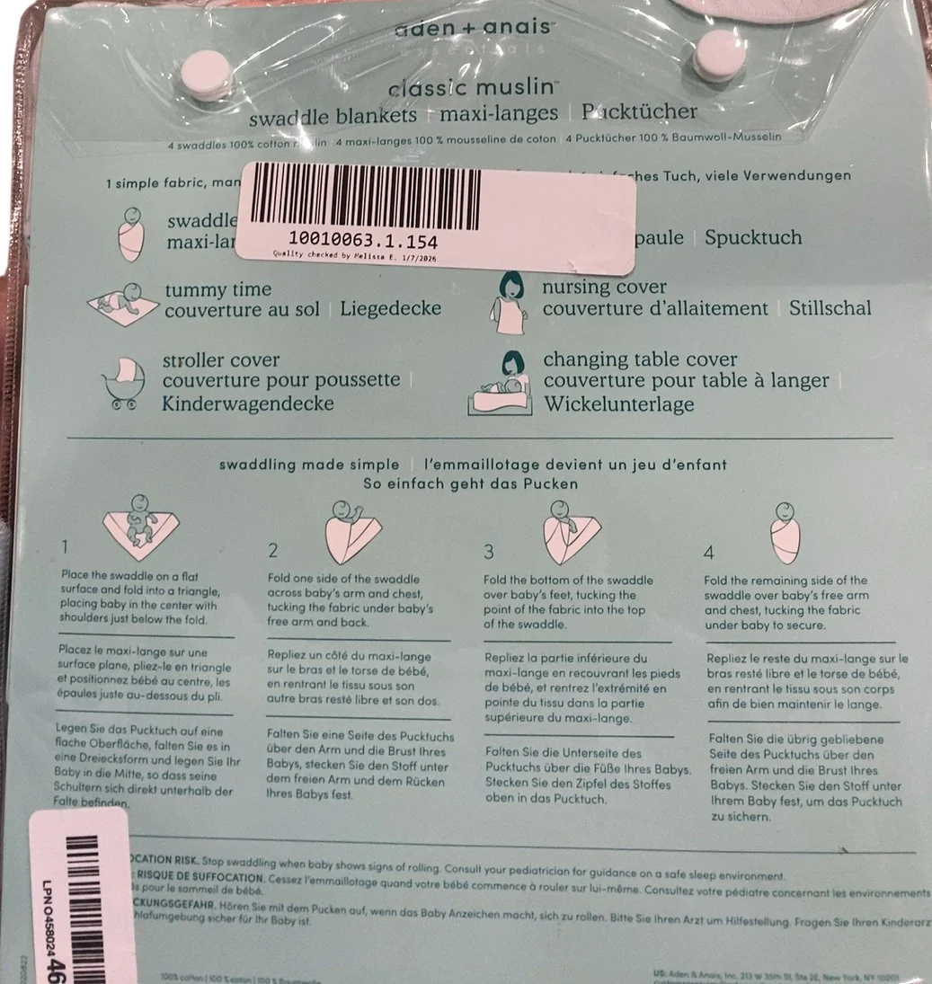 Aden + Anais Cotton Muslin Swaddle, 4pk, Blushing Bunnies - Image 3