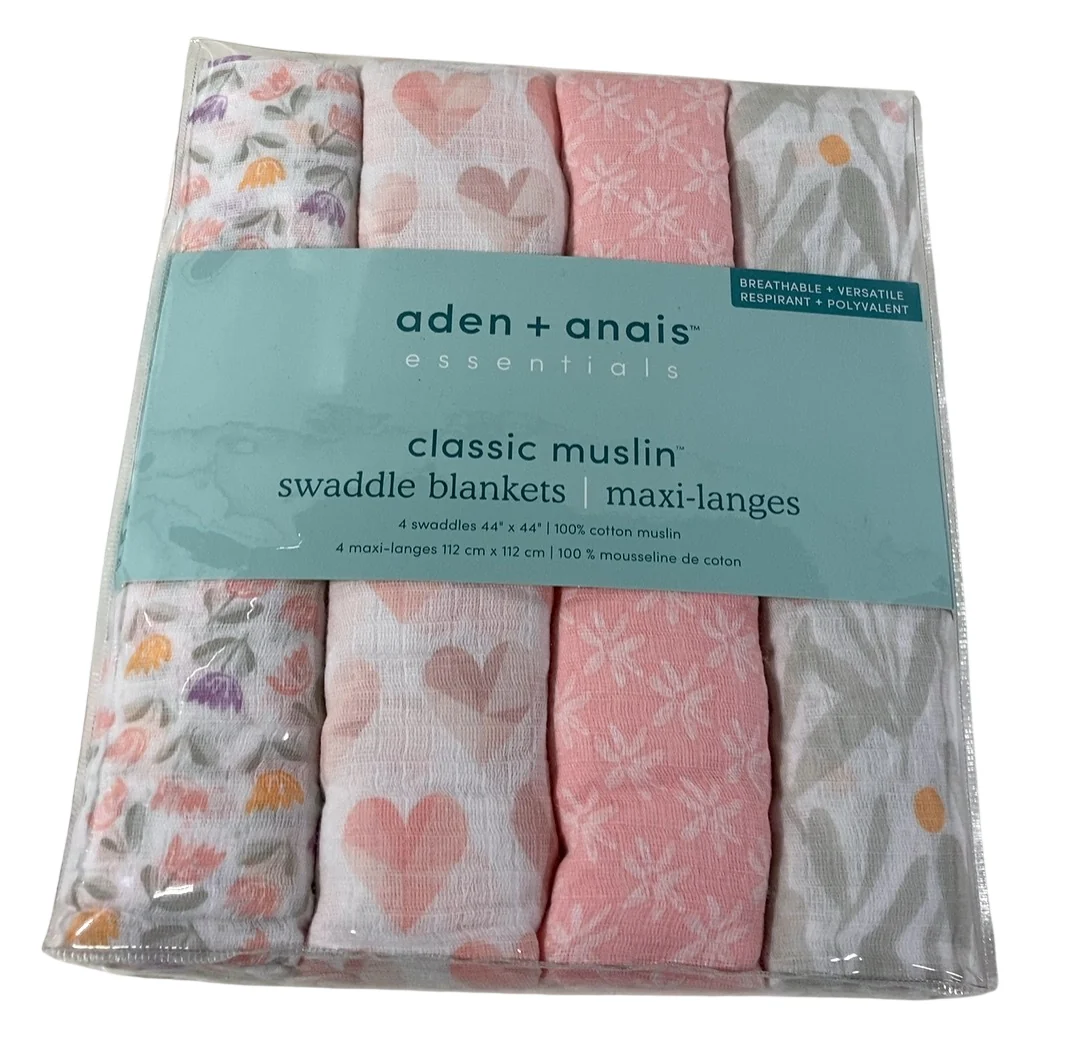 Aden + Anais Cotton Muslin Swaddle, 4pk, Piece of My Heart