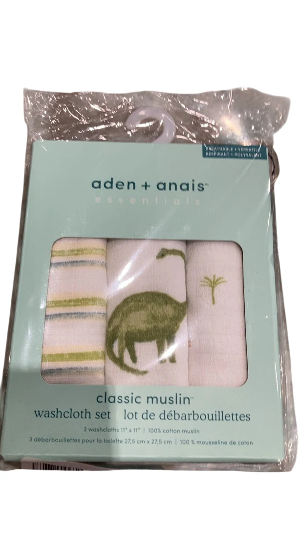 Aden + Anais Cotton Muslin Wash Cloths, Set Of 3, Dino Jungle - Image 2