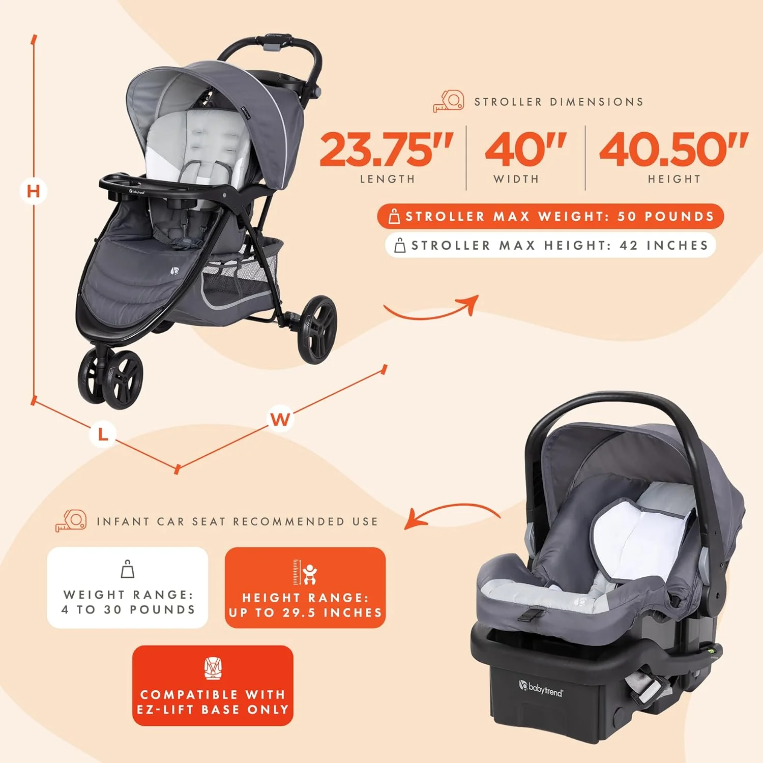 Baby Trend EZ Ride Stroller Travel System, Regular, 2025, Dash Grey - Image 4