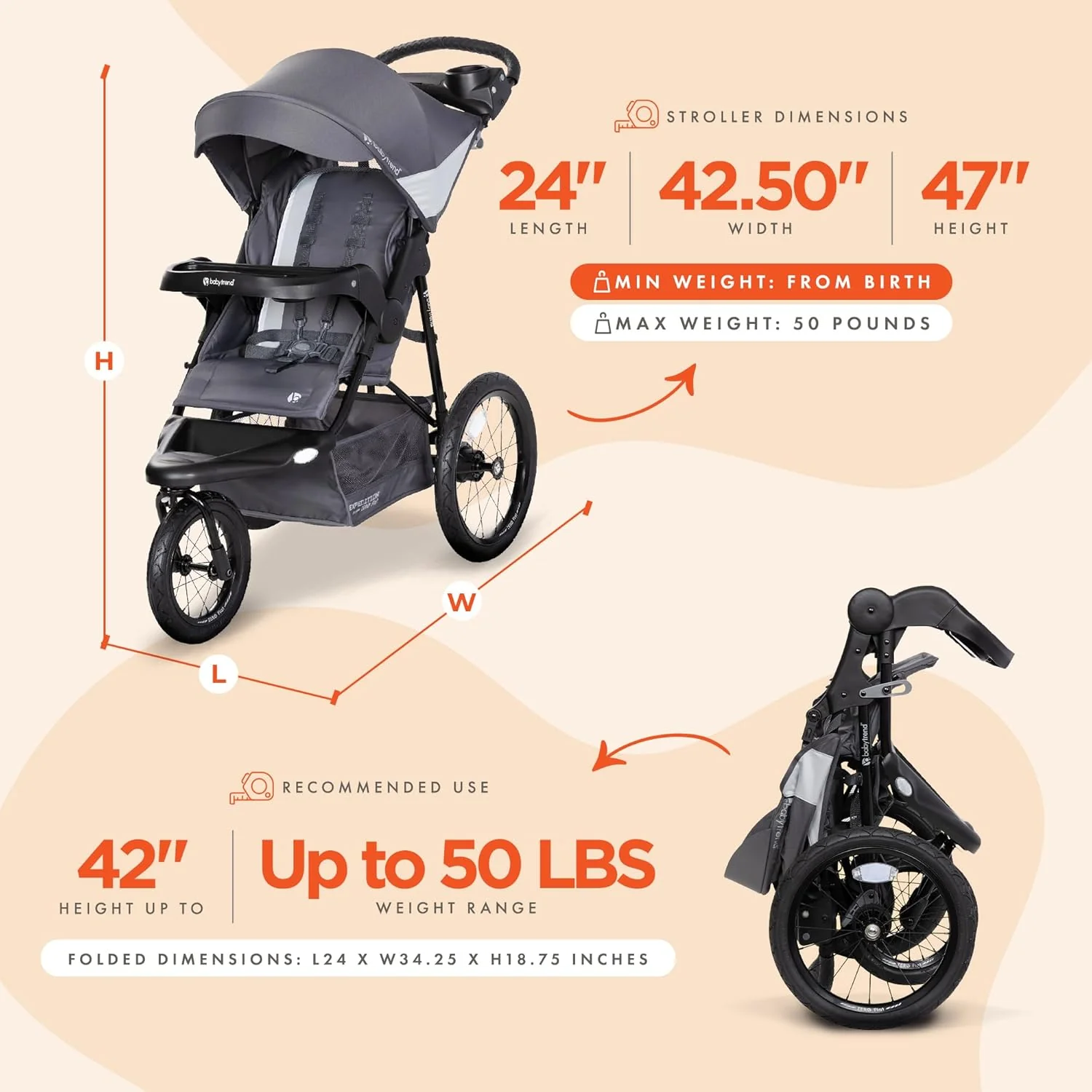 Baby Trend Zero Flat Jogger with LED Lights, 2025, Dash Grey - Image 3