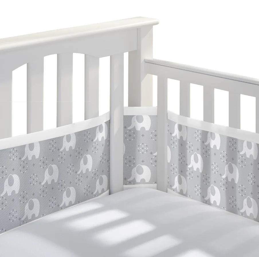 Breathable Baby Mesh Crib Liner, Full Size/4 Sides, Grey Elephants
