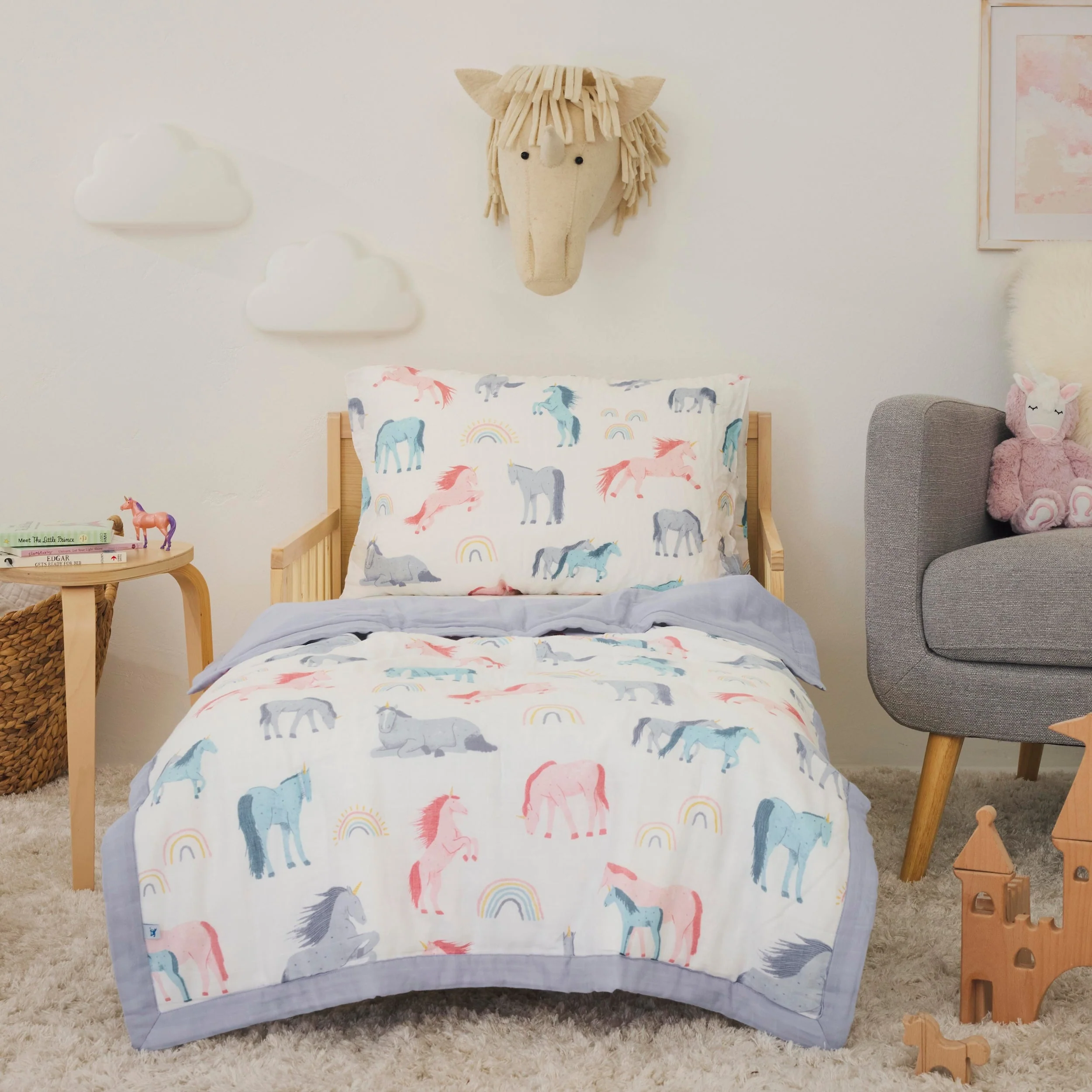 Little Unicorn Cotton Muslin Toddler Bedding 3 Piece Set, Unicorns - Image 7