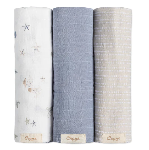 Crane Baby Cotton Muslin Swaddle Blankets Set of 3, Sea Life