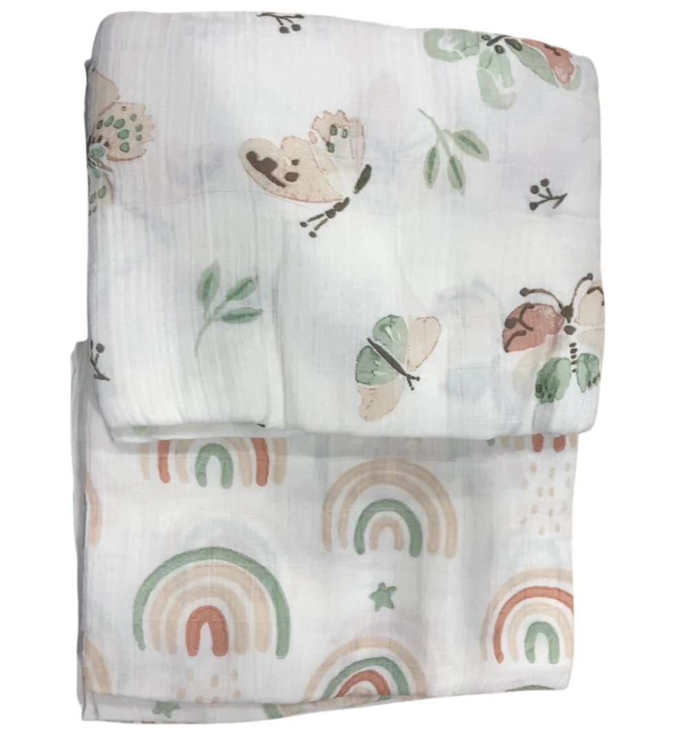 Crane Baby Cotton Muslin Swaddle Set of 2, Parker Butterfly/Rainbow