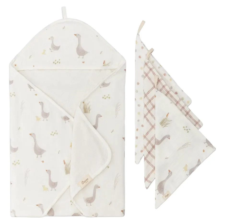Crane Baby Hooded Towel & Washcloth Set, Charlie Farmhouse Goose