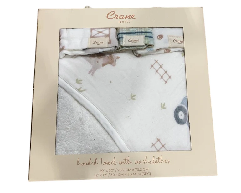 Crane Baby Hooded Towel & Washcloth Set, Farmhouse Tractor - Image 2