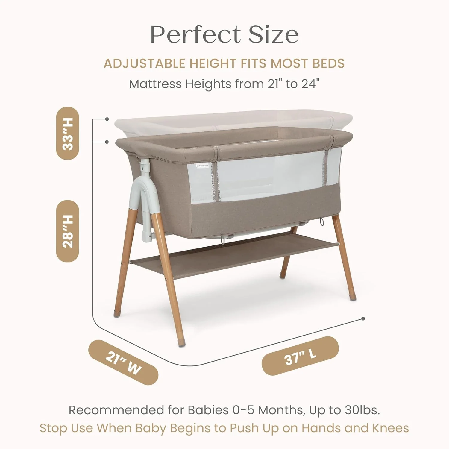 Delta Children Bondi Adjustable Height Bedside Beechwood Bassinet, Tan, Bedside Bassinet - Image 2