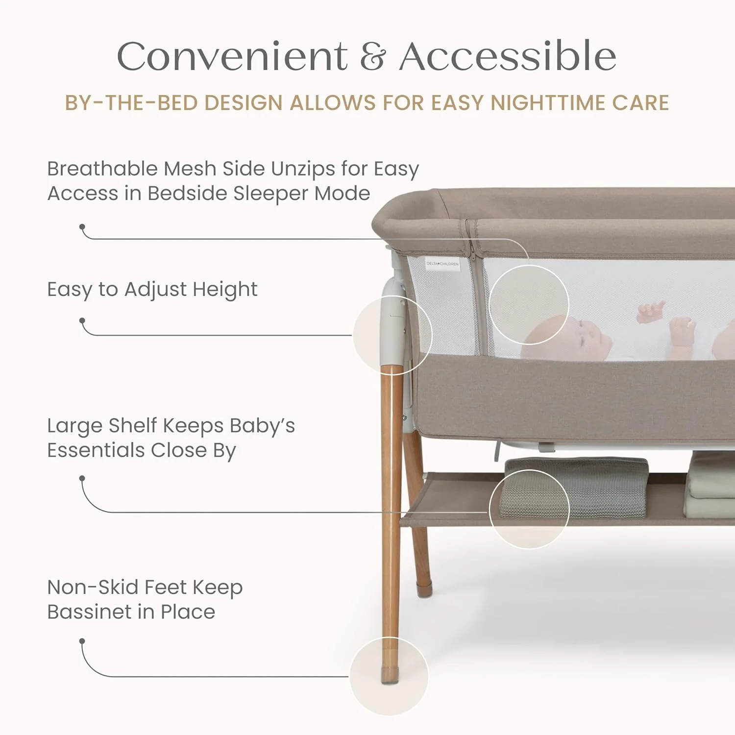 Delta Children Bondi Adjustable Height Bedside Beechwood Bassinet, Tan, Bedside Bassinet - Image 3