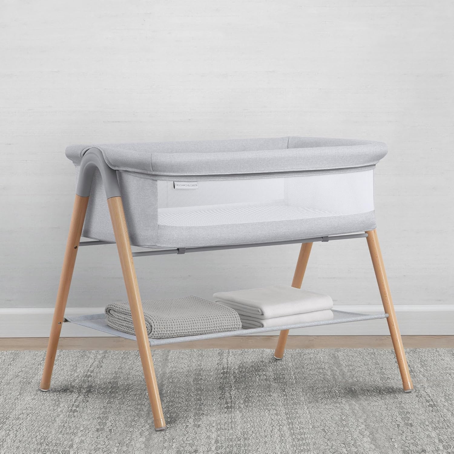 Delta Children Haven Beechwood by the Bed Bassinet, Grey Stripes