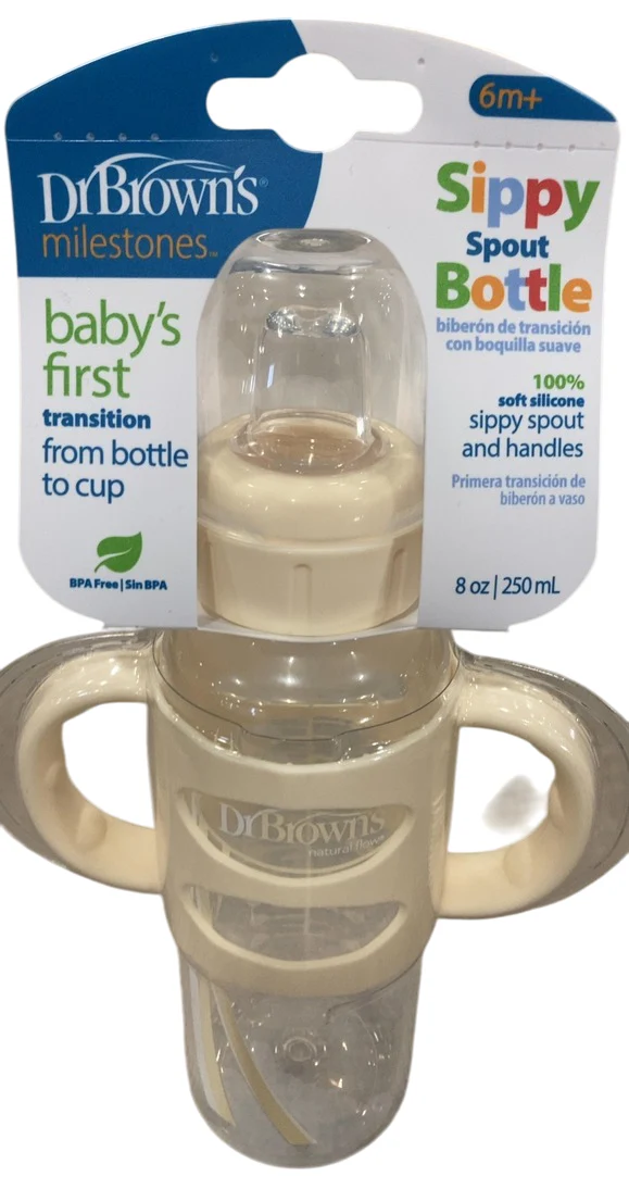 Dr. Brown's Milestones Sippy Spout Bottle with Silicone Handles, 1 pack, 8 oz/250 ml, Ecru, Narrow-Neck - Image 2