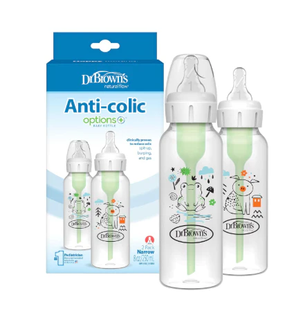 Dr. Brown's Natural Flow Anti-Colic Options+ Narrow Baby Bottles, 8oz, 2 Pack, Frog and Pig