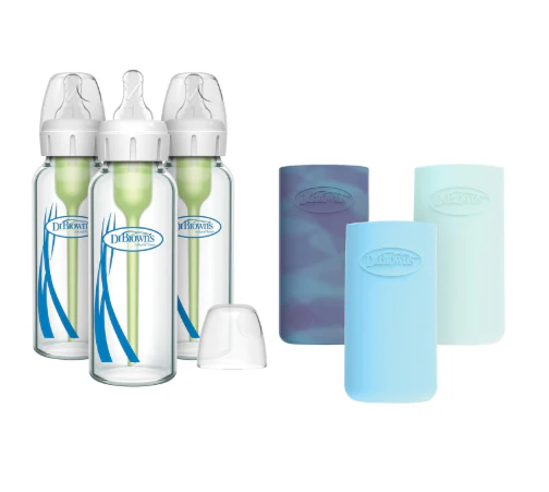 Dr. Brown's Natural Flow Anti-Colic Options+ Narrow Glass Baby Bottles with Silicone Bottle Sleeve, 3 Pack, 8 oz, Blue, Glow, Mint
