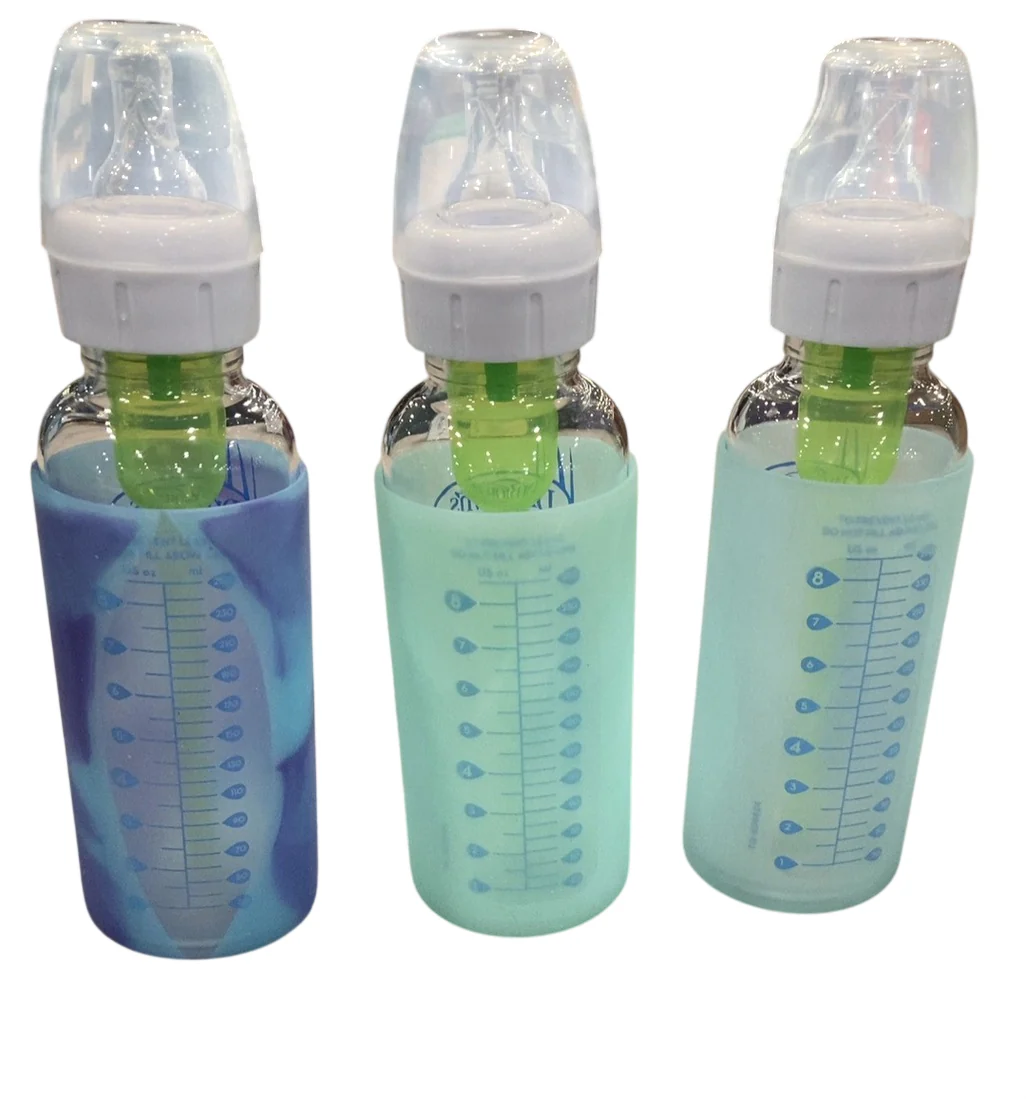 Dr. Brown's Natural Flow Anti-Colic Options+ Narrow Glass Baby Bottles with Silicone Bottle Sleeve, 3 Pack, 8 oz, Blue, Glow, Mint - Image 2