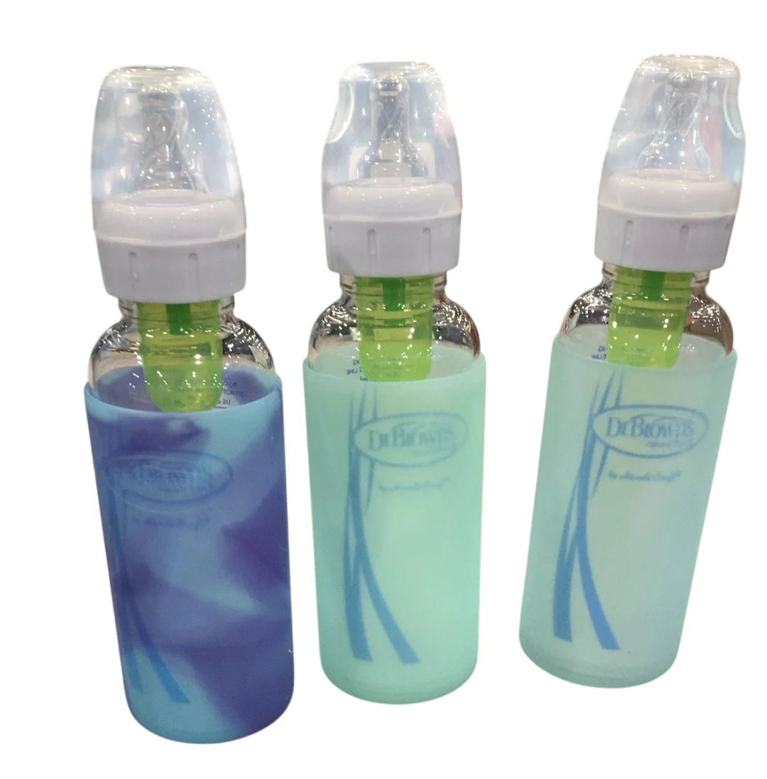 Dr. Brown's Natural Flow Anti-Colic Options+ Narrow Glass Baby Bottles with Silicone Bottle Sleeve, 3 Pack, 8 oz, Blue, Glow, Mint - Image 3