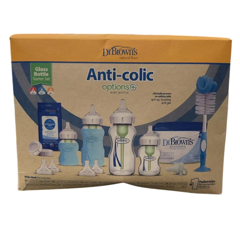 Dr. Brown's Natural Flow Anti-Colic Options+ Wide-Neck Glass Baby Bottle & HappyPaci Starter Set, Blue - Image 2