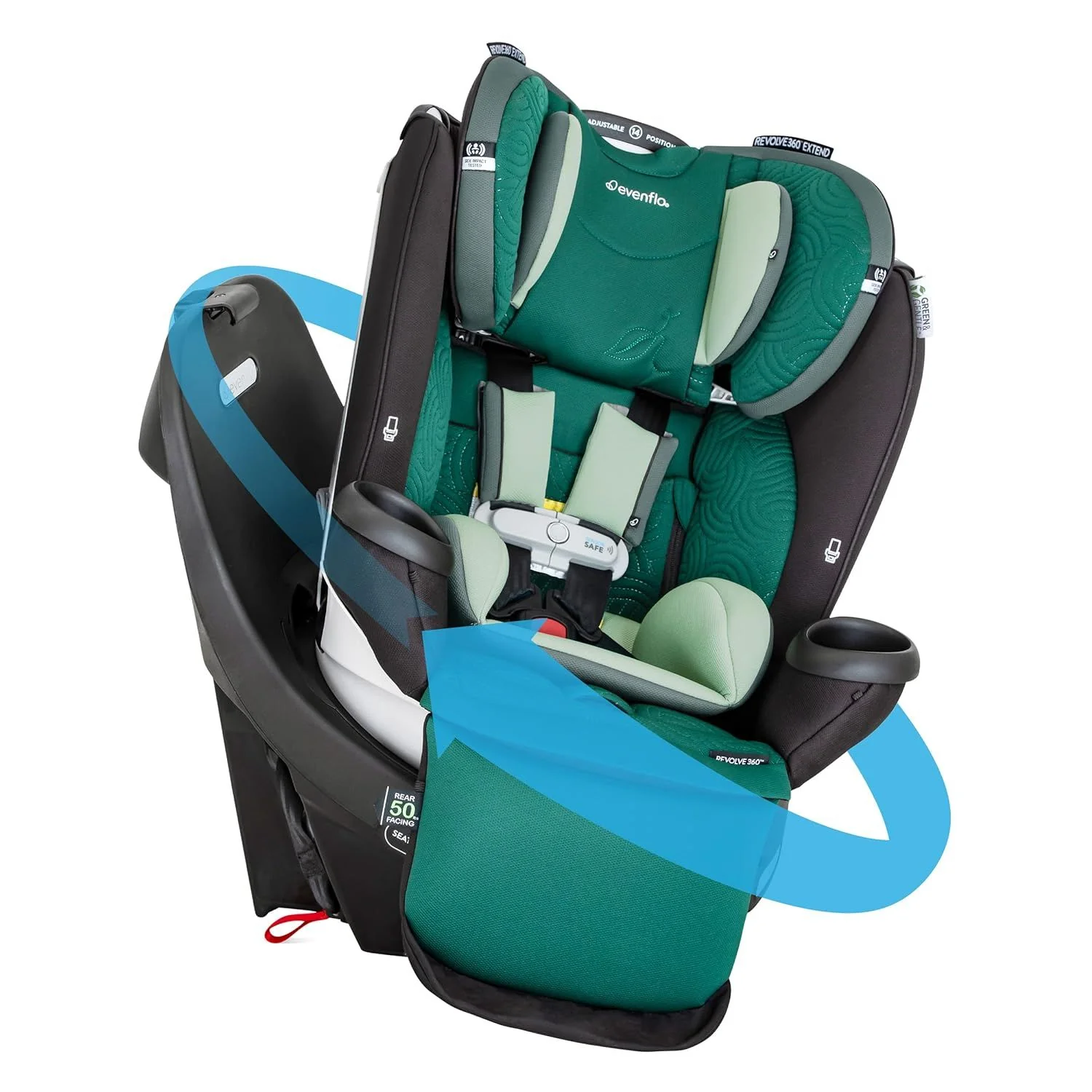 Evenflo Revolve 360 Extend All-in-One Rotating Car Seat with Green & Gentle Fabric, 2025, Emerald