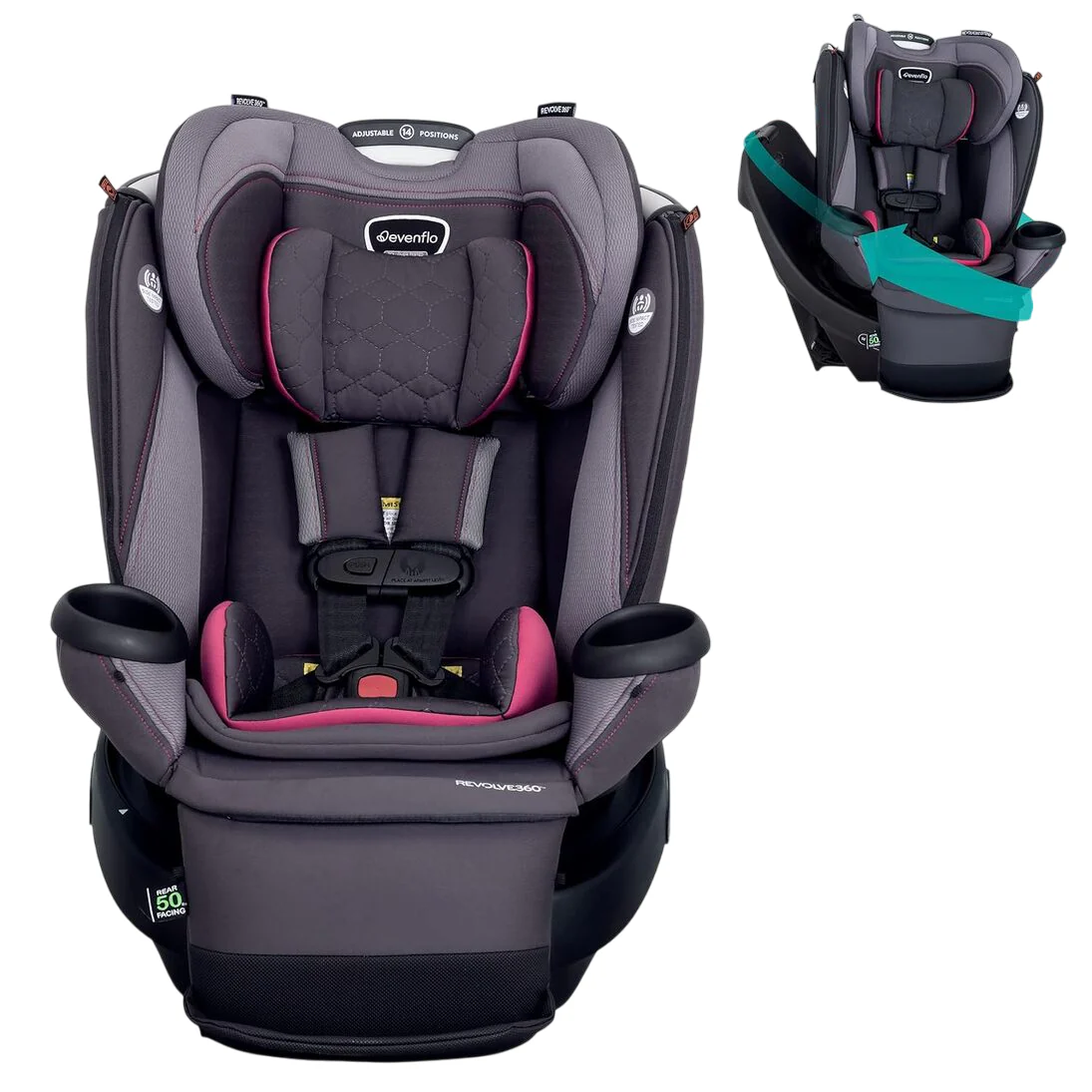 Evenflo Revolve 360 Extend All-in-One Rotating Car Seat with Quick Clean Cover, 2022, Rowe Pink