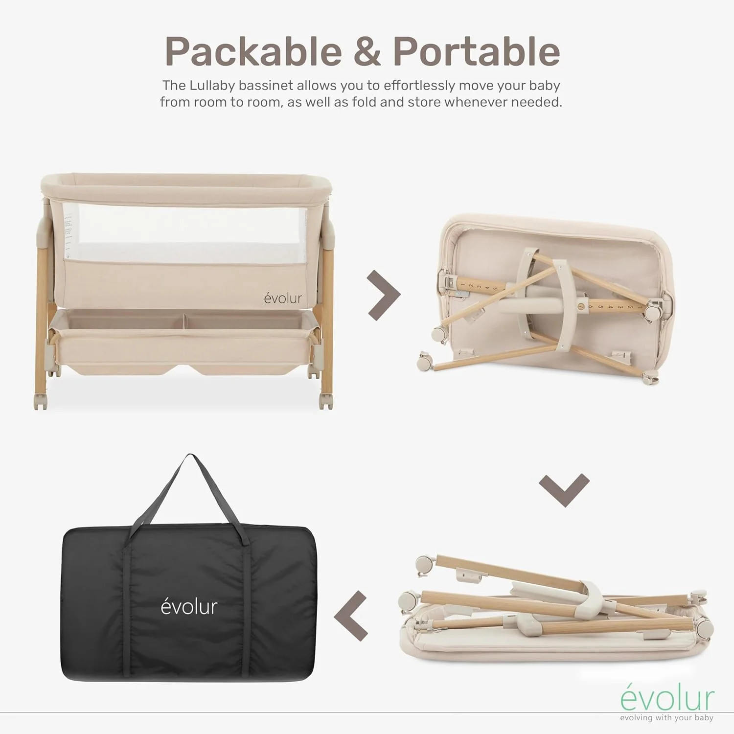 Evolur Lullaby Portable Bassinet with Wheels, Beige - Image 3