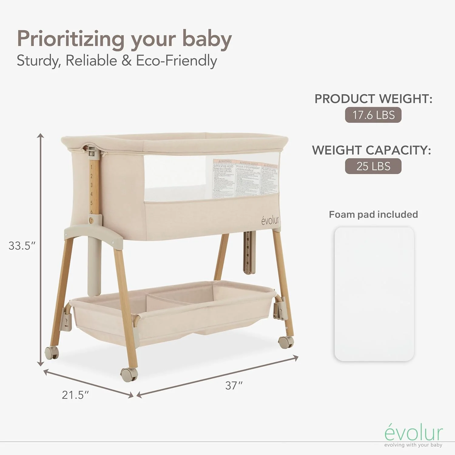 Evolur Lullaby Portable Bassinet with Wheels, Beige - Image 4