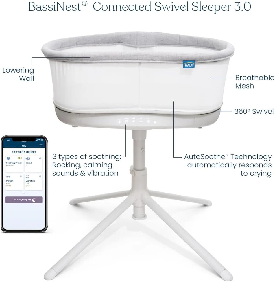 Halo BassiNest Connected Swivel Sleeper 3.0, White/Grey - Image 2