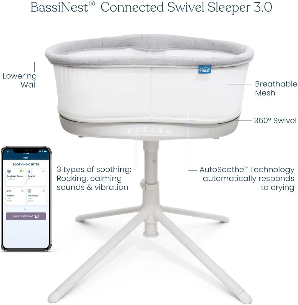 Halo BassiNest Connected Swivel Sleeper 3.0, White/Grey - Image 2