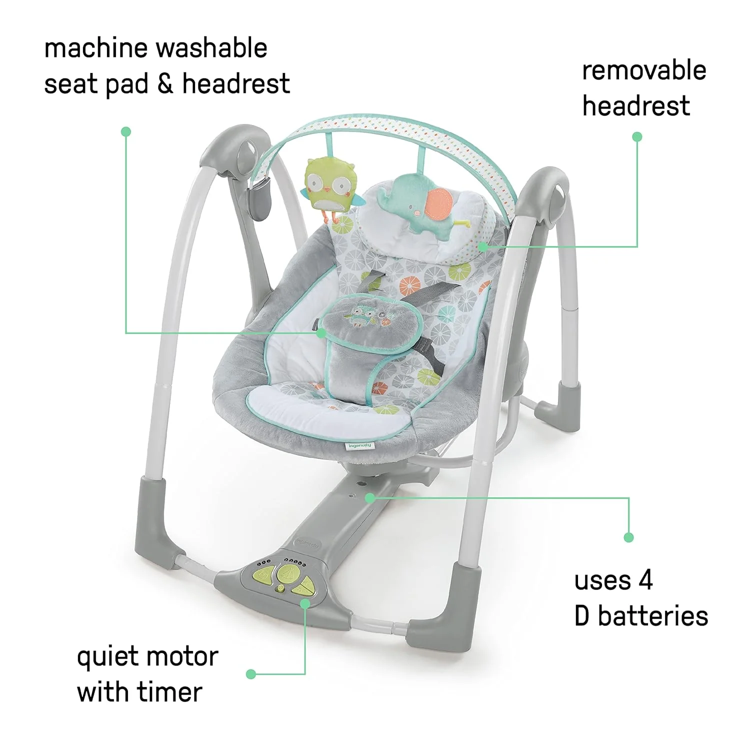 Ingenuity Every Season Swing 'n Go Portable Swing, Hugs & Hoots - Image 2