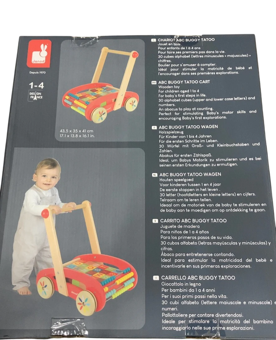 Janod Wooden ABC Buggy Cart with 30 Blocks, Red - Image 3