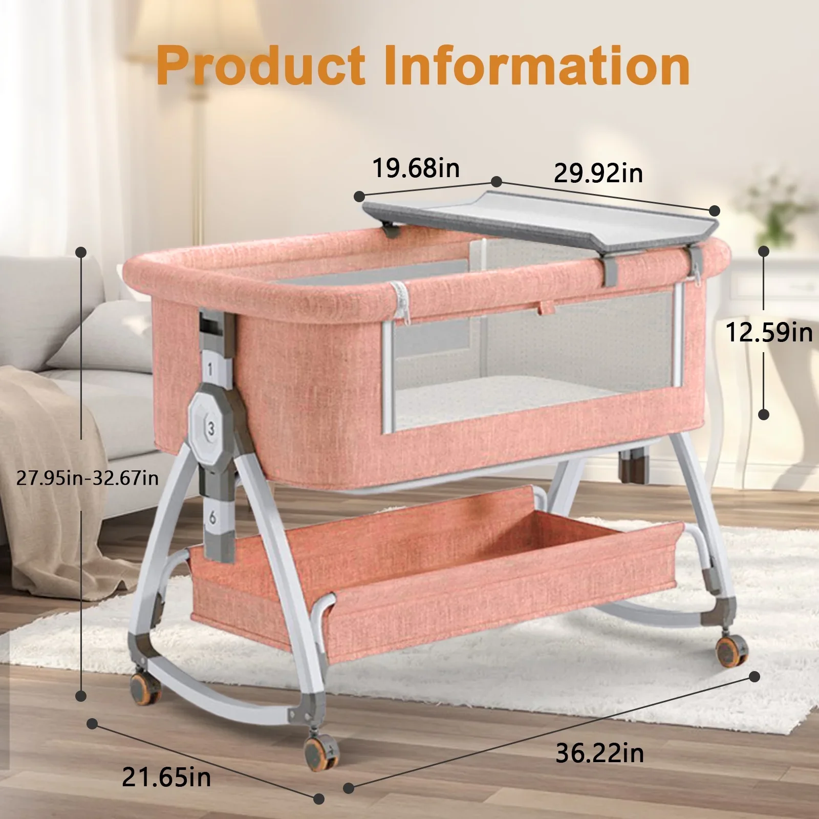 Jojolam 5-in-1 Infant Bedside Crib with Changing Table, Pink - Image 3