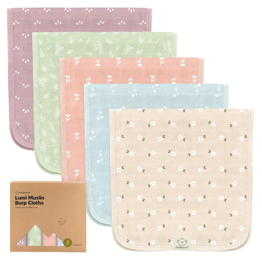 KeaBabies 5-pack Lumi Muslin Burp Cloths, Bloom