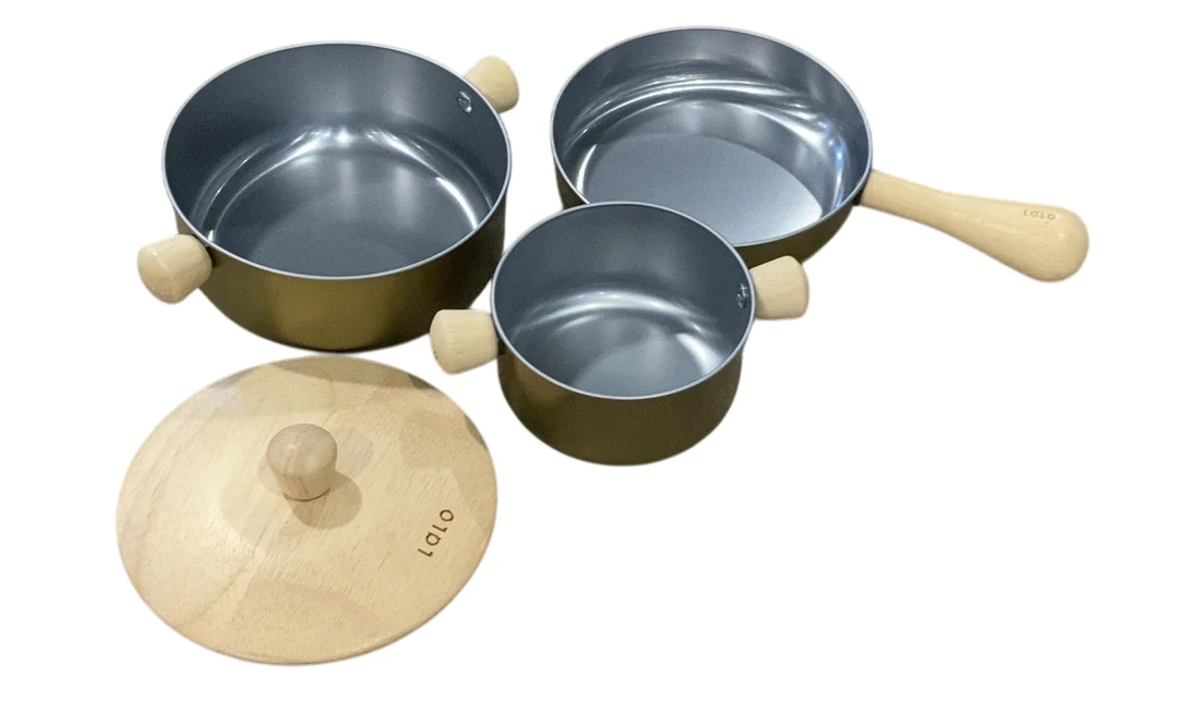 Lalo Wooden Metallic Pots & Pans Kids Play Kitchen Set, Wooden - Image 3