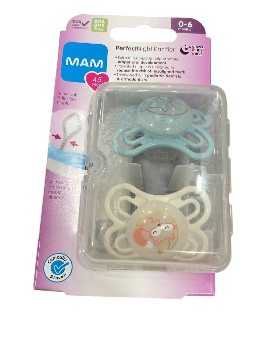 MAM Perfect Night Pacifier, 0-6 Months, Blue Raccoon/Ivory Fox - Image 2