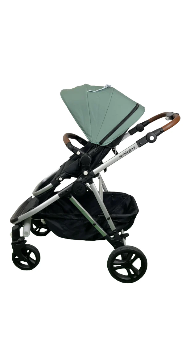 Mockingbird Single to Double 2.0 Stroller, 2024, Sage, Silver With Penny Leather, Watercolor Drops - Image 4