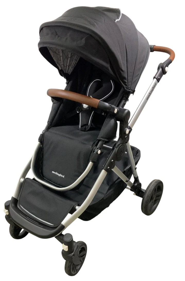 Mockingbird Single to Double 2.0 Stroller, 2025, Black, Silver With Penny Leather, Windowpane