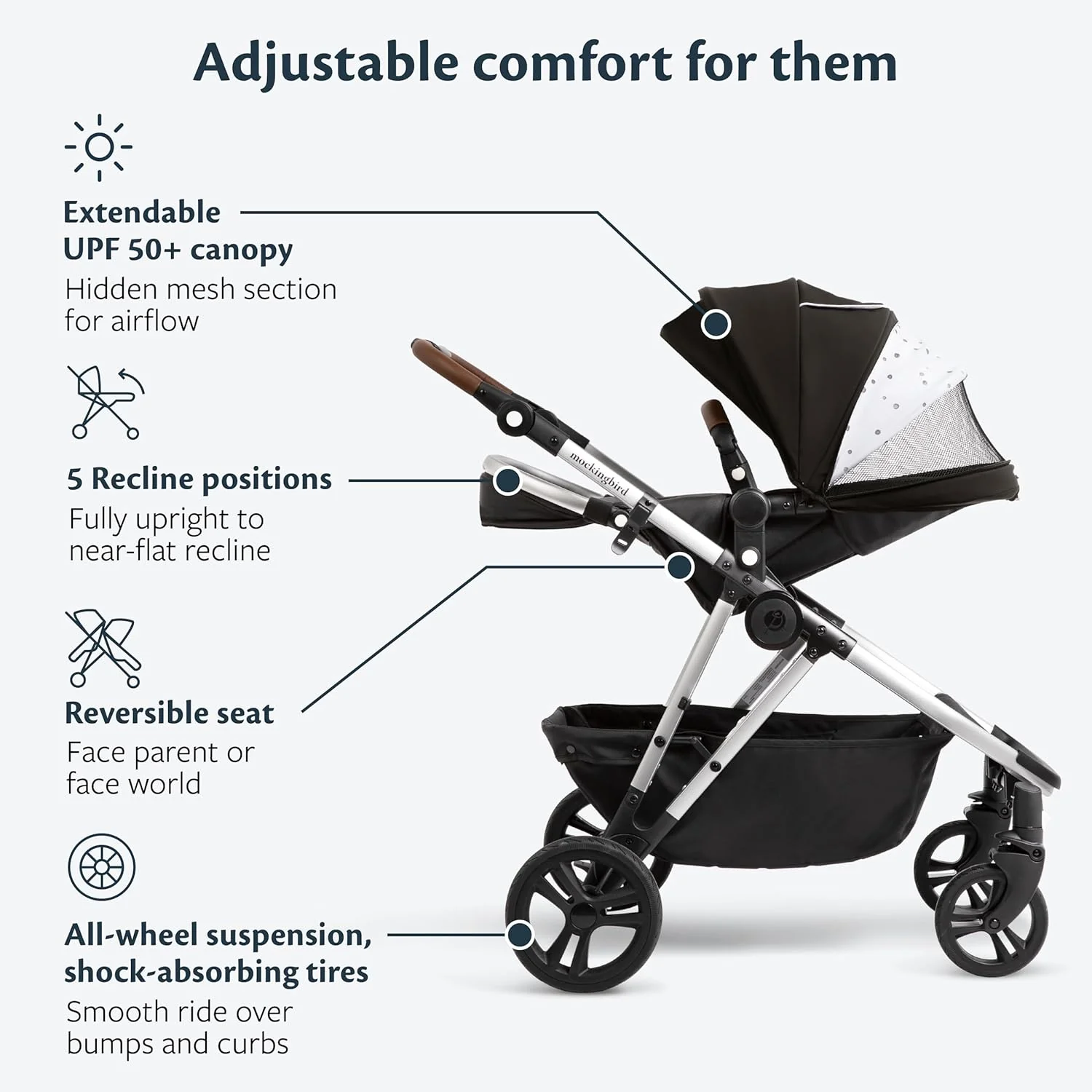 Mockingbird Single to Double 2.0 Stroller, Black, Watercolor Drops, Silver With Penny Leather, 2025 - Image 2