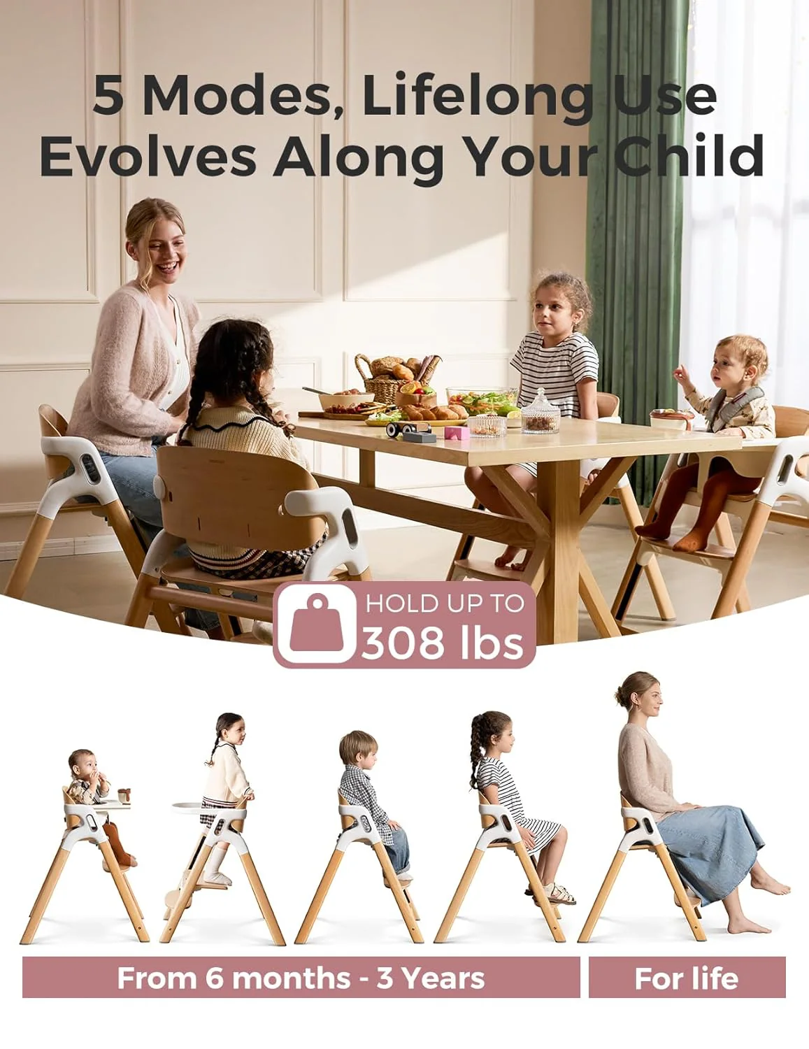 Momcozy DinerPal Wooden High Chair, Natural Wood, without Cushion - Image 2