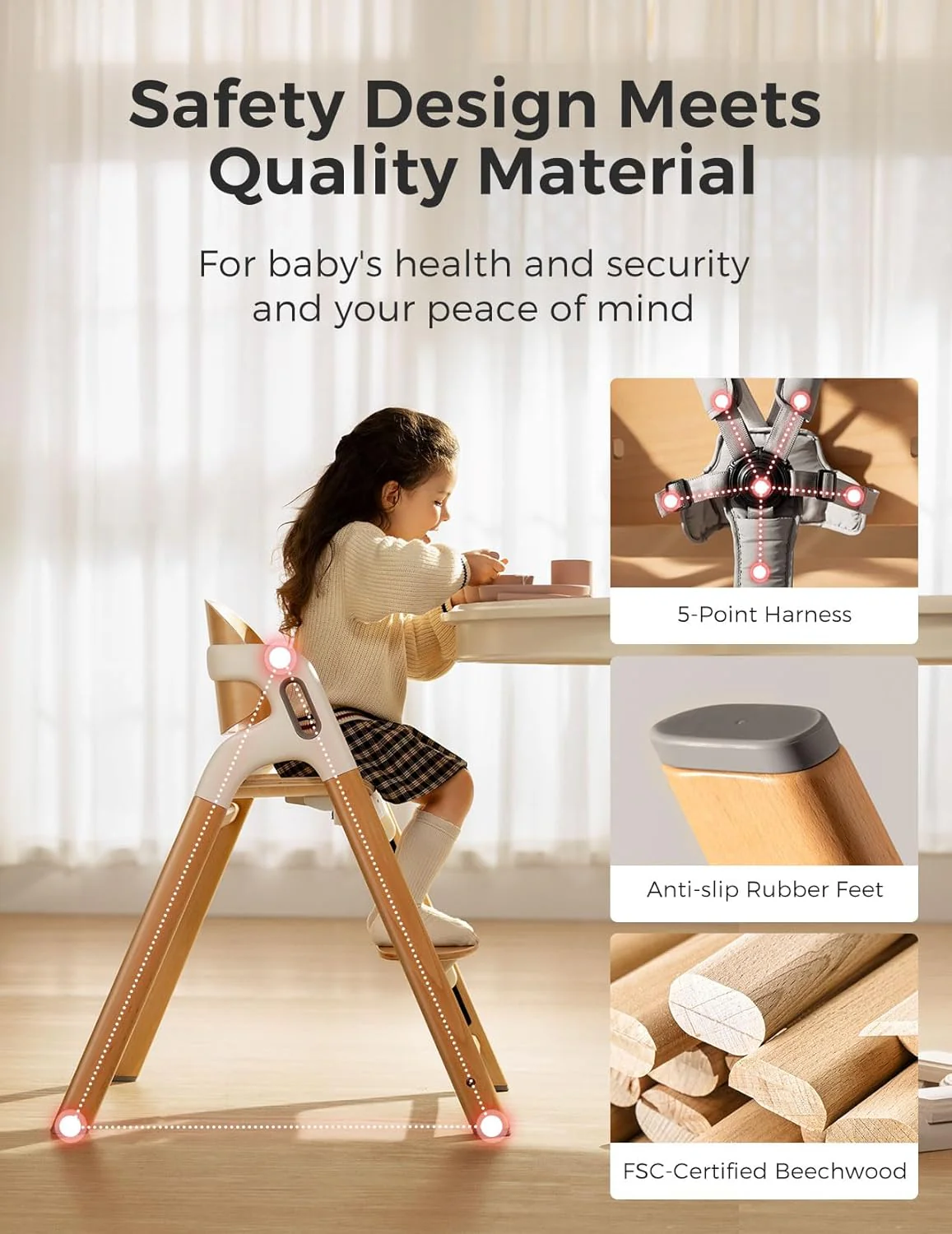 Momcozy DinerPal Wooden High Chair, Natural Wood, without Cushion - Image 4