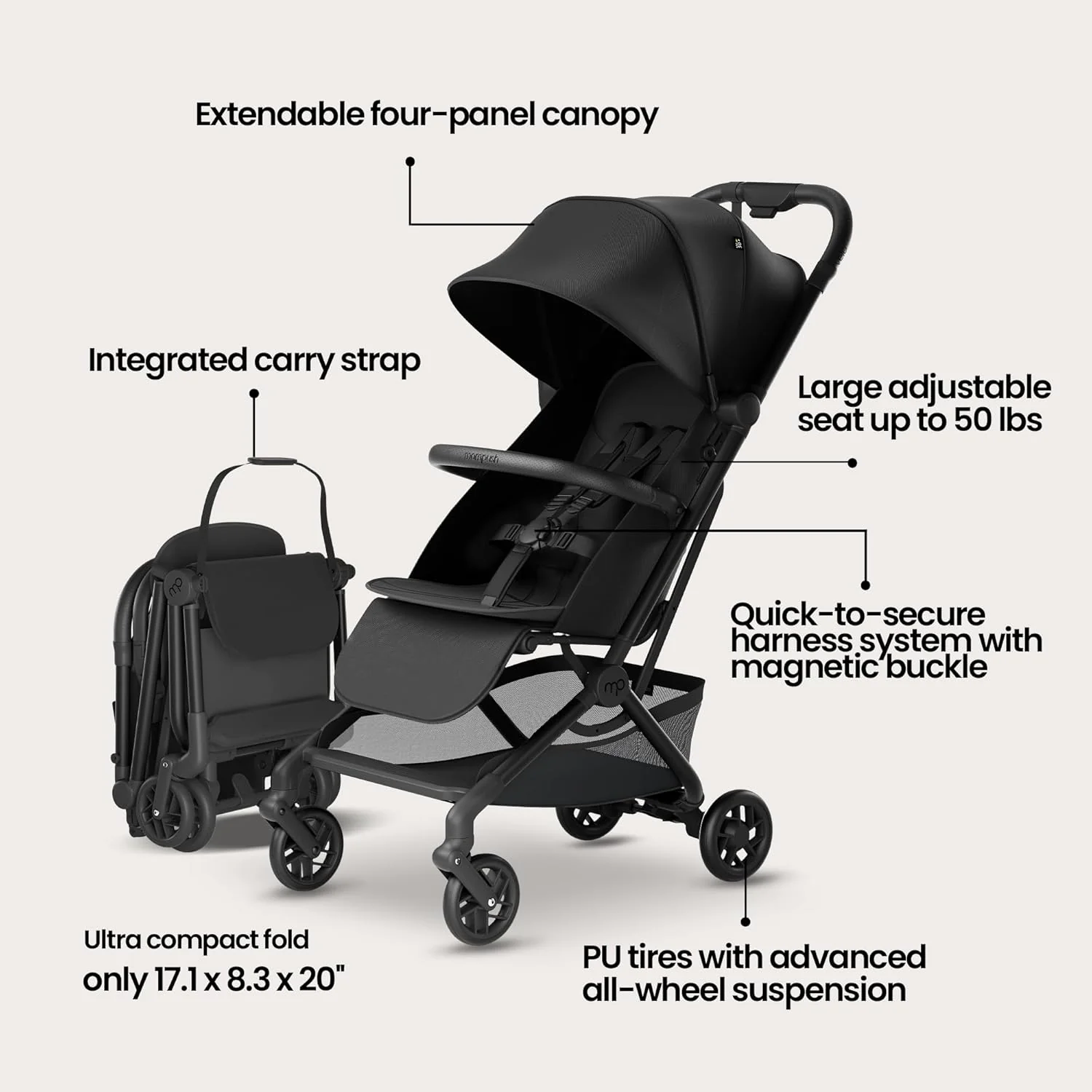 Mompush Velo Lightweight Travel Stroller, 2025, Black - Image 2