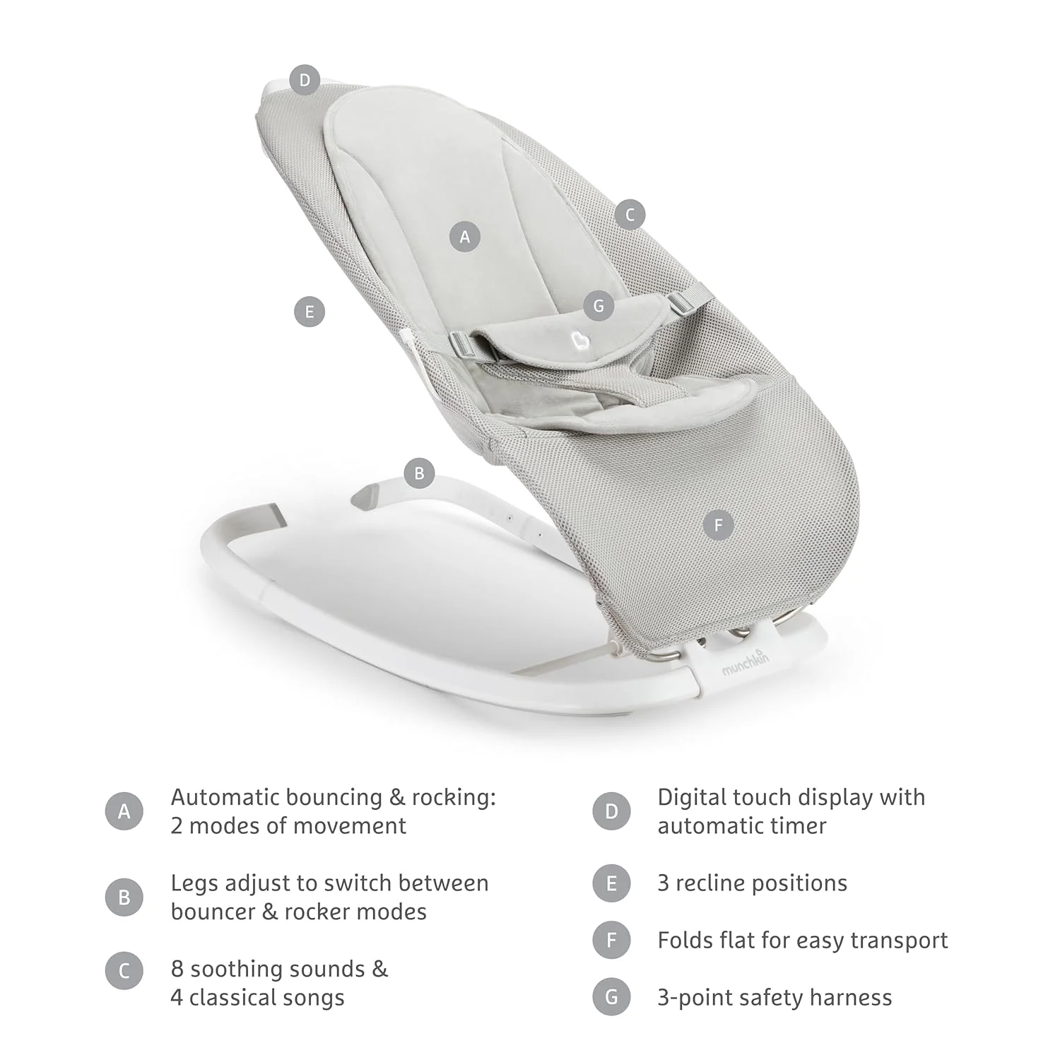 Munchkin Electric Baby Bouncer & Rocker with Digital Touch Display, Grey - Image 2