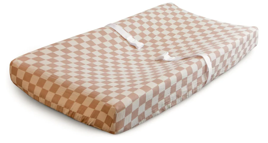 Mushie Extra Soft Muslin Fitted Changing Pad Cover, Natural Check