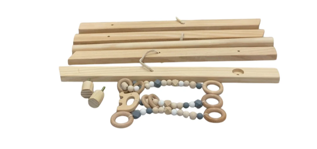 Poppyseed Play Wooden Baby Gym, Natural Wood w/ Gray Toys