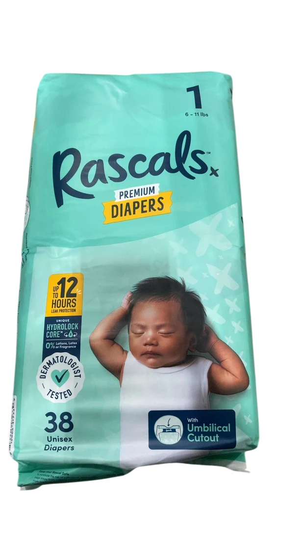 Rascal Premium Diapers, 38 Count, Size 1