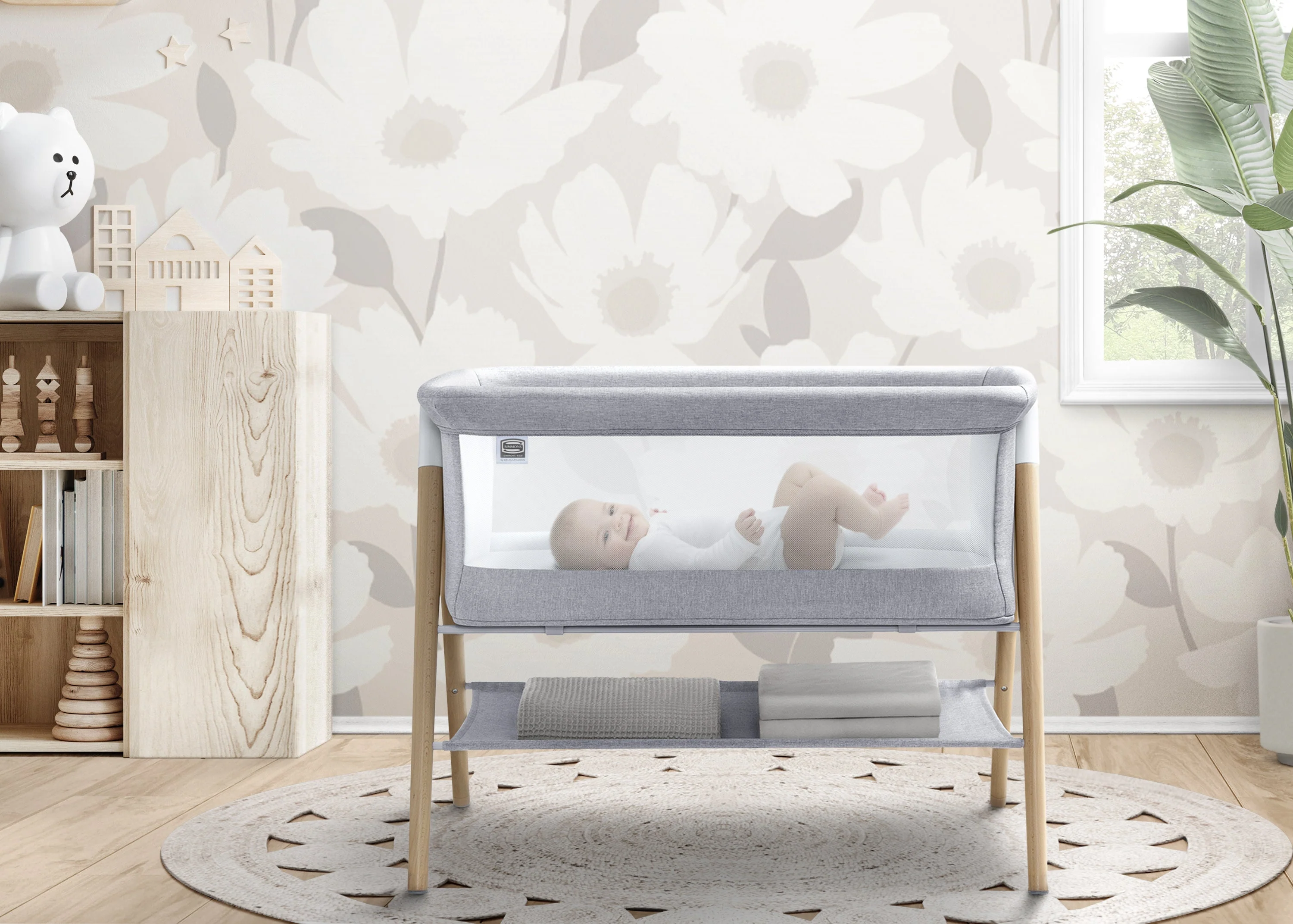 Simmons Kids Koi Beechwood By The Bed Bassinet, Grey Dove - Image 2
