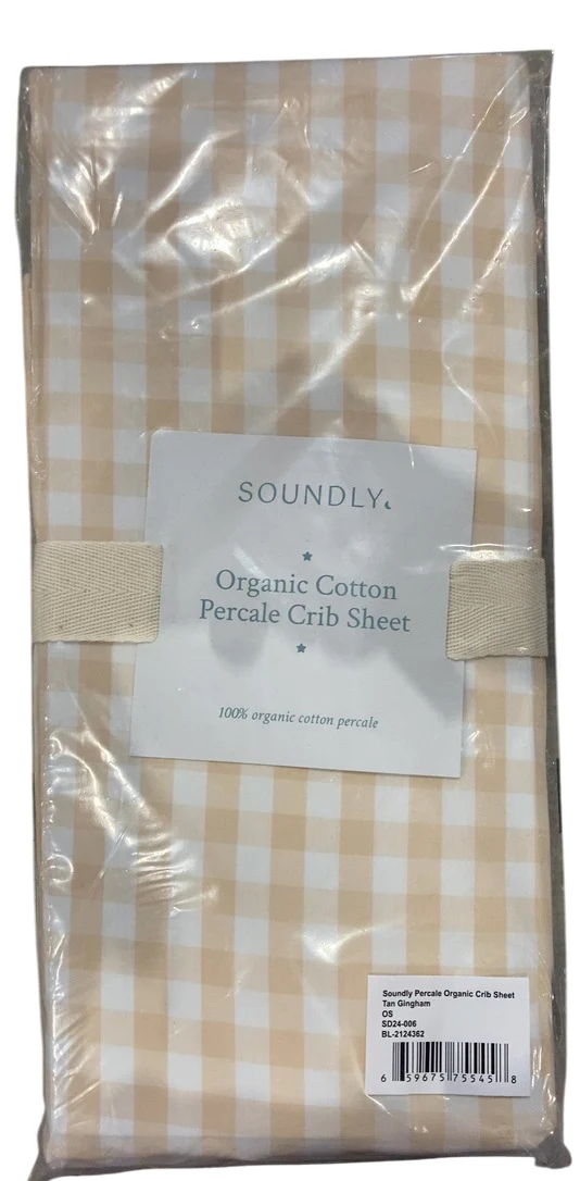 Soundly Percale Organic Crib Sheet, Tan Gingham
