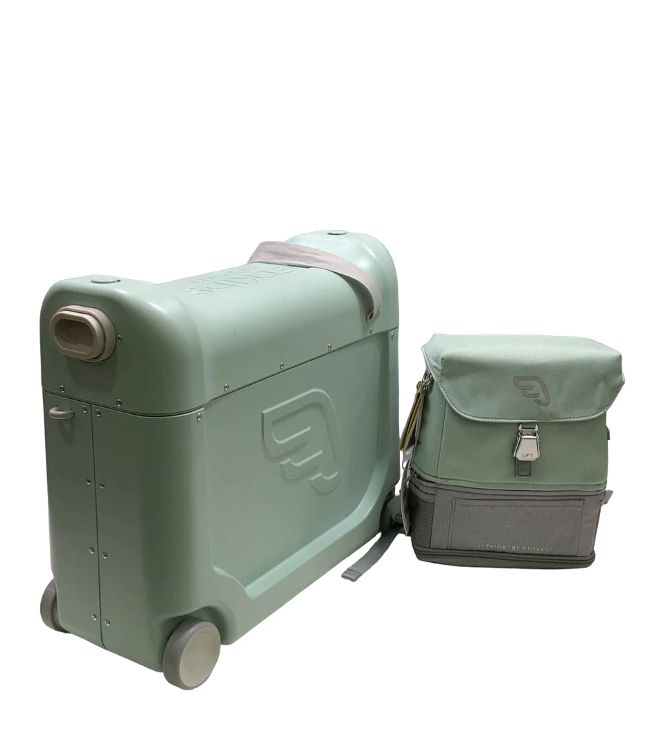 Stokke JetKids BedBox + Crew backpack Travel Bundle, Green Aurora