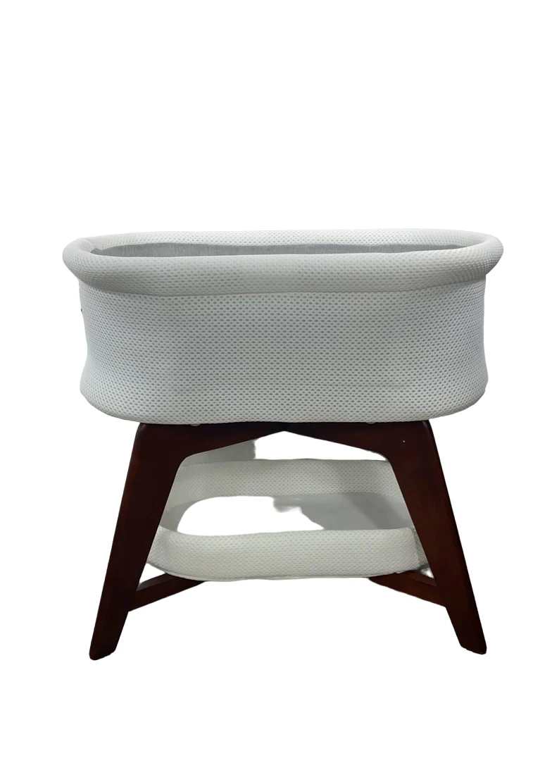 TruBliss Evi Smart Bassinet with Smart Technology, White with Walnut Base