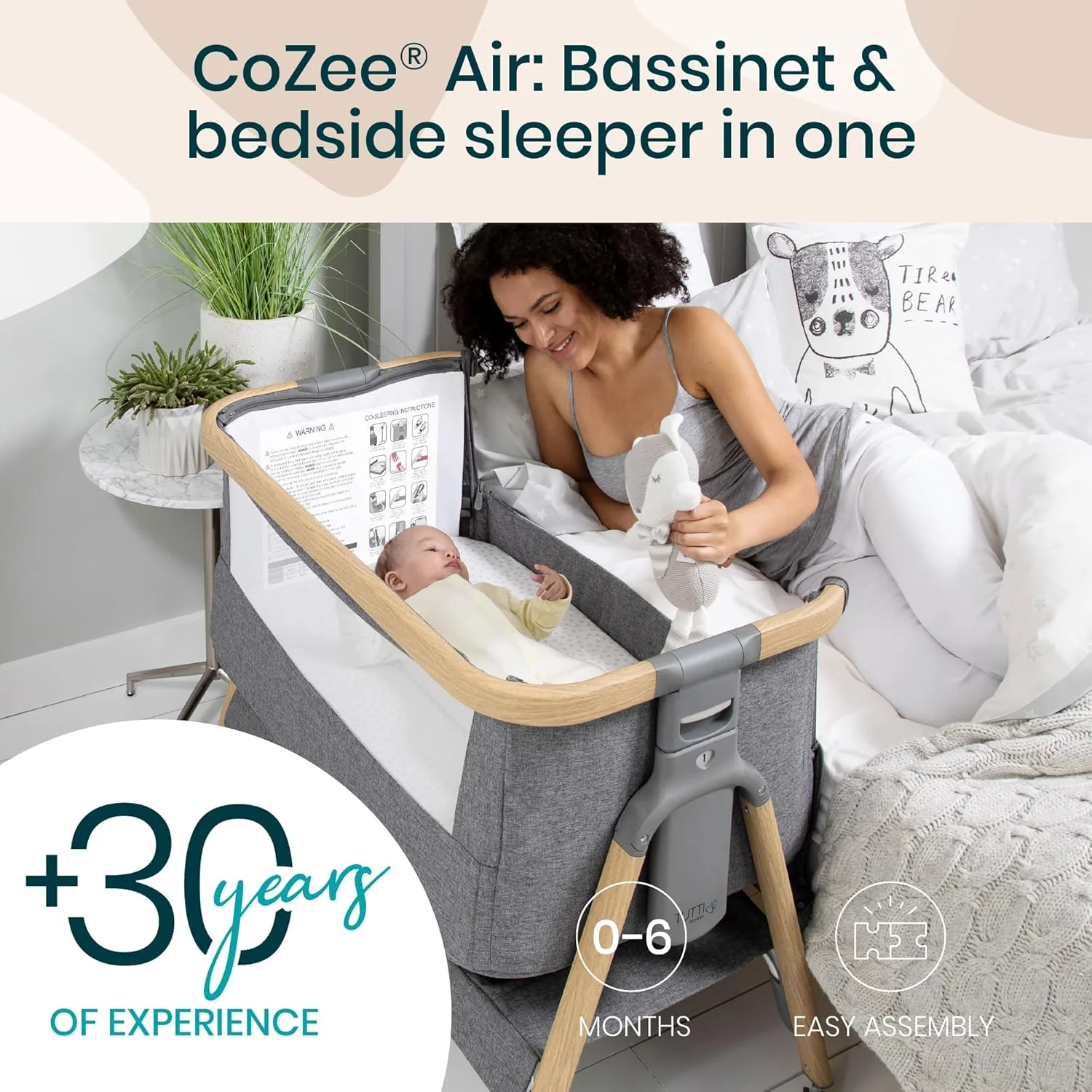 Tutti Bambini CoZee Air Bedside Bassinet, Oak/Charcoal - Image 2